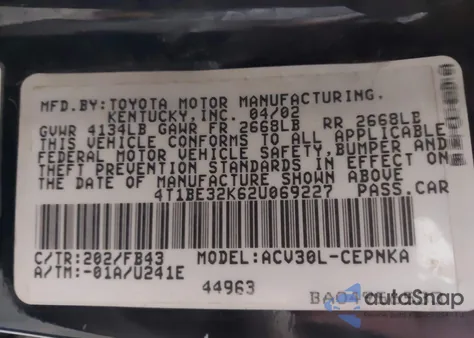 2002 Toyota Camry Le из США, поврежденный, VIN 4T1BE32K62U069227